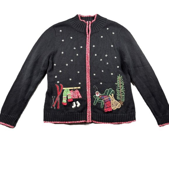 Coldwater Creek Women Full Zip Christmas Sweater Embroidered Red Truck LRG I219 - Picture 1 of 11